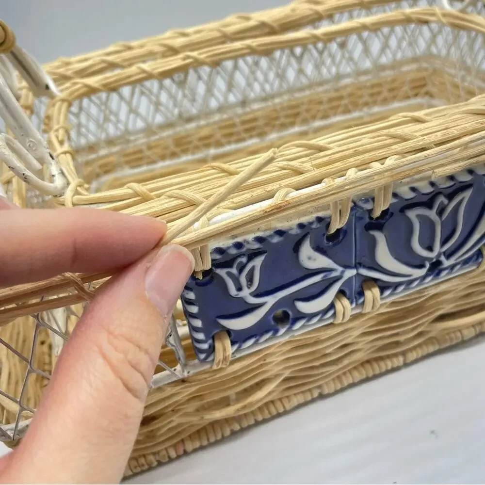 Vintage Three Piece Rectangle Woven Basket With Blue Porcelain Tile Accents